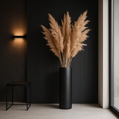 Modern interior with tall black vase holding pampas grass in minimal dark luxury living room with black textured wall, warm light, and large window, perfect for decor and background

