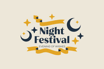 Night festival logo, crescent moon and stars, evening of wishes, celestial celebration, festive event, modern vector design
