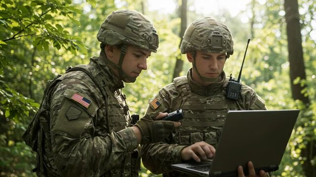 Two Soldiers in Forest Using Laptop and Communication Device for Mission Planning