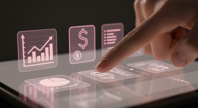 Fingertip Interacting with Futuristic Financial Interface:  Holographic Charts, Currency Symbols on Tablet