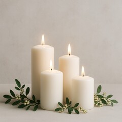 Elegant white pillar candles with green leaves on neutral background, creating a calm and serene atmosphere perfect for spa, wellness, relaxation, meditation, and peaceful home decor styling

