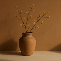 Minimalist still life of a terracotta vase with delicate yellow flowering branches casting shadows on a warm beige background, ideal for interior design, wabi-sabi aesthetic, and natural calm home sty