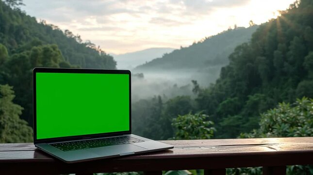 Laptop with green screen on a wooden table, overlooking a serene mountain landscape with mist. Ideal for technology, remote work, or nature-inspired content.