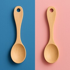 Wooden kitchen spoons on blue and pink background, perfect for cooking blogs, culinary branding, recipe content, kitchen utensil mockups, minimalist food photography and home lifestyle visuals

