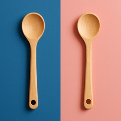 Wooden kitchen spoons on blue and pink background, perfect for cooking blogs, culinary branding, recipe content, kitchen utensil mockups, minimalist food photography and home lifestyle visuals

