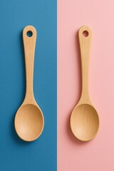 Wooden kitchen spoons on blue and pink background, perfect for cooking blogs, culinary branding, recipe content, kitchen utensil mockups, minimalist food photography and home lifestyle visuals

