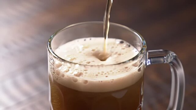 Pouring Brown Liquid in Clear Glass Mug with White Foam on Dark Brown Wooden Background Studio Shot
