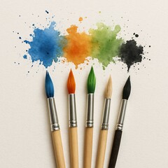 Colorful watercolor splashes with five paintbrushes on textured paper background, perfect for art design projects, creative workshops, painting courses, craft content, illustration and artistic brandi