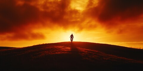 A cinematic shot of a lone biker silhouetted against a glowing sunset