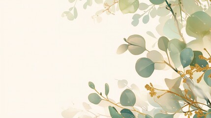 Minimalist eucalyptus wreath with delicate gold line art and pure white background showing elegant natural aesthetic, suitable for modern home decor, wedding invitations, design or digital wallpaper.