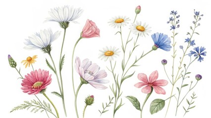 Watercolor illustration of various flowers including daisies and cornflowers on white background