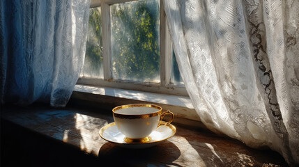 Quiet coffee time with early light corner concept. A delicate cup of tea resting on a sunlit windowsill.