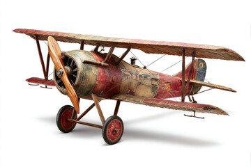 Vintage biplane model with a weathered finish, showcasing intricate details and wooden propeller
