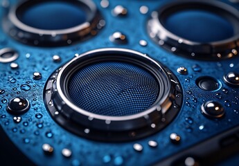 Close-up of Blue Metallic Speaker with Water Droplets