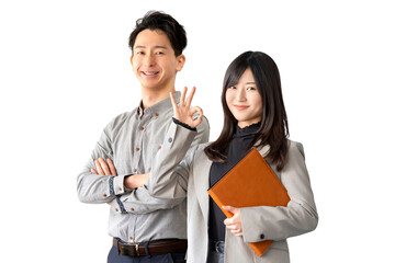ビジネスマン男女2人のチームワークイメージ（背景透過PNG）