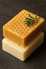 Handcrafted honeycomb beeswax and natural soap bar with rosemary on dark stone background, ideal for skincare, spa and bath wellness, clean beauty, zero waste lifestyle and organic hygiene

