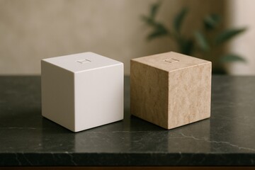 Minimalist modern wooden and ceramic cube decor objects on dark marble table with beige background, perfect for interior design, Scandinavian style, product mockup, lifestyle and branding scenes

