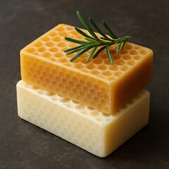 Handcrafted honeycomb beeswax and natural soap bar with rosemary on dark stone background, ideal for skincare, spa and bath wellness, clean beauty, zero waste lifestyle and organic hygiene

