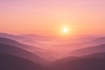 A tranquil sunrise paints soft pastel hues across rolling mist-covered mountains, creating a serene and dreamlike atmosphere.
