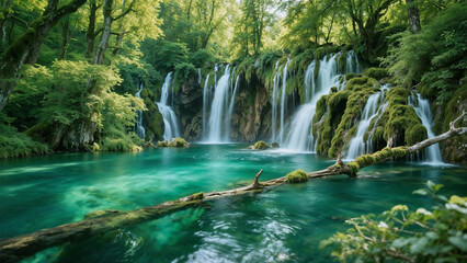 Obraz premium Pristine Cascading Waterfalls in Lush Green Forest with Turquoise Pool