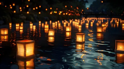 Ultra realistic night photo of hundreds of glowing paper lanterns floating on a calm river during Obon Festival in Japan. Sharp details, clean texture, no noise, natural reflection on water, peaceful 