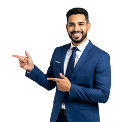 A well-dressed businessman pointing his fingers towards the direction. He is wearing a blue suit, exuding confidence and professionalism, isolated on transparent background