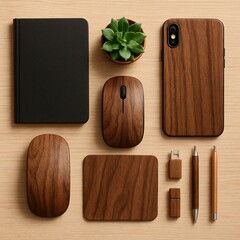 Flat lay of eco-friendly modern workspace with wooden accessories including mouse, phone case, USB, notebook, and succulent plant on a light wood desk, symbolizing minimal and sustainable design.

