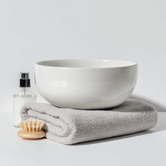 Elegant white bowl with a soft towel, massage brush, and essential oil, set against a minimalist background