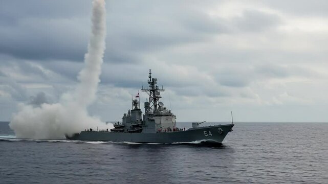  Navy Warship Launching Missile from Vertical Launch System at Sea