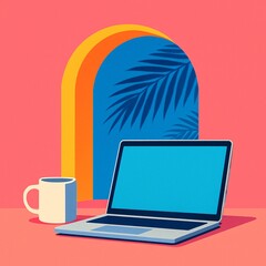 Modern minimal workspace with laptop and coffee cup in front of an arched window showing tropical palm shadows on a vibrant pink and blue background, symbolizing remote work and creativity.

