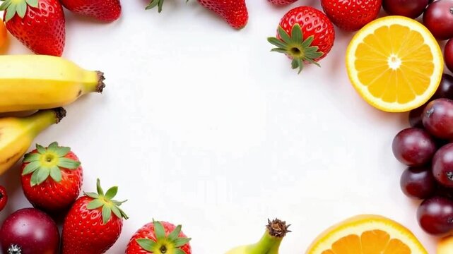 Fresh organic fruit frame on white background, vibrant summer fruits border with copy space, healthy assortment of strawberries, bananas, and citrus