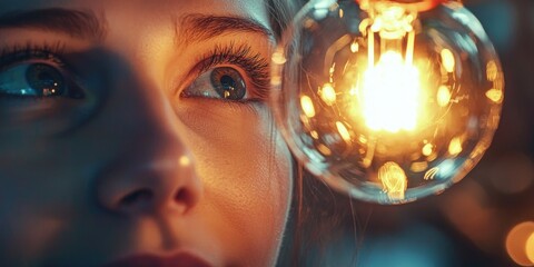 A close-up of a personâ€™s face as their eyes light up with inspiration, with a glowing light bulb above their head.