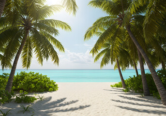 Fototapeta premium Tropical Beach Paradise with Palm Trees and Turquoise Water | Idyllic Seascape for Travel, Vacation, and Summer Marketing