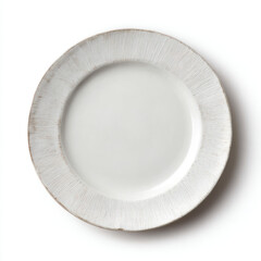 Elegant white ceramic plate with textured rim, isolated on white background, ideal for dining settings