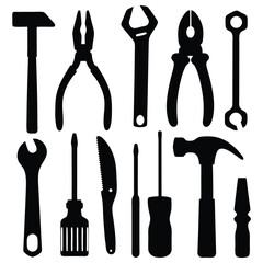Assortment of tools showcases a variety of instruments for repairs, construction, and maintenance tasks in simple black silhouette