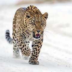 Spotted leopard stalking through snow big cat spotted fur