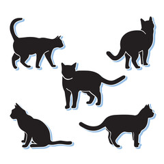 Five black cat silhouettes with light blue borders in various poses scattered on a white background