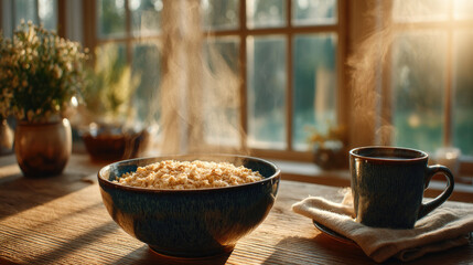 Coffee early light in cozy breakfast nook concept. Warm bowl of rice and hot cup near sunlit window.