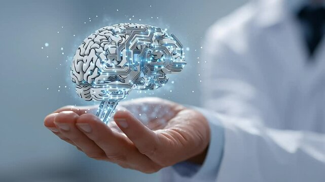 Hand Holding Digital Brain with Circuit Patterns and Glowing Lights with ai generated