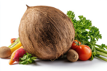 Fresh organic vegetables including a unique coconut, arranged artfully on a white background