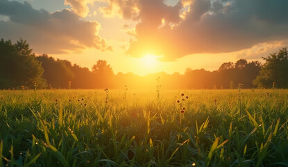 Golden sunrise over a green field, soft rays spreading across dew-covered grass, warm sky tones &ndash; peaceful and natural &ndash; suitable for stock image
