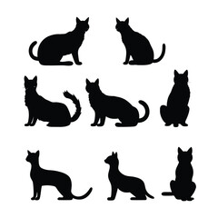 Nine black cat silhouettes in different poses on a white background