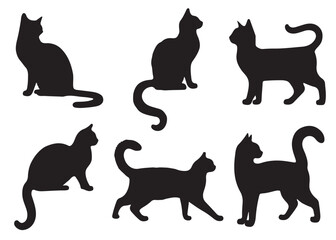 Black silhouettes of six cats in various poses against a white background