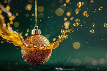 Christmas decoration with falling golden ball on dark green background with bokeh, Ai Generated