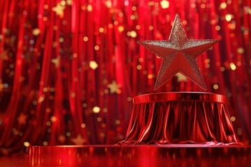 Christmas star on podium on red curtain background, 3d illustration, Ai generated