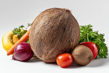 Fresh vegetables and fruits arranged artistically on a white background for culinary use