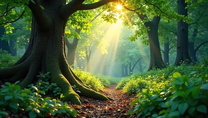 Sunlit Ancient Forest Dappled Light, Lush Textures, Peaceful Woodland Scene