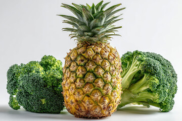 Fresh pineapple and broccoli arranged artistically on a clean surface, showcasing vibrant colors and textures