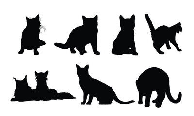 Silhouetted cats assorted poses stark against white