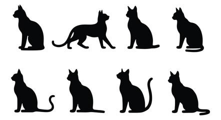 Silhouetted cats depict varied poses set against a plain white backdrop